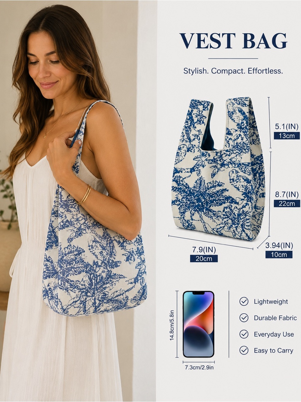 🦋 Blue Toile Mini Tote Bag | Chic Lightweight Everyday Shoulder Purse